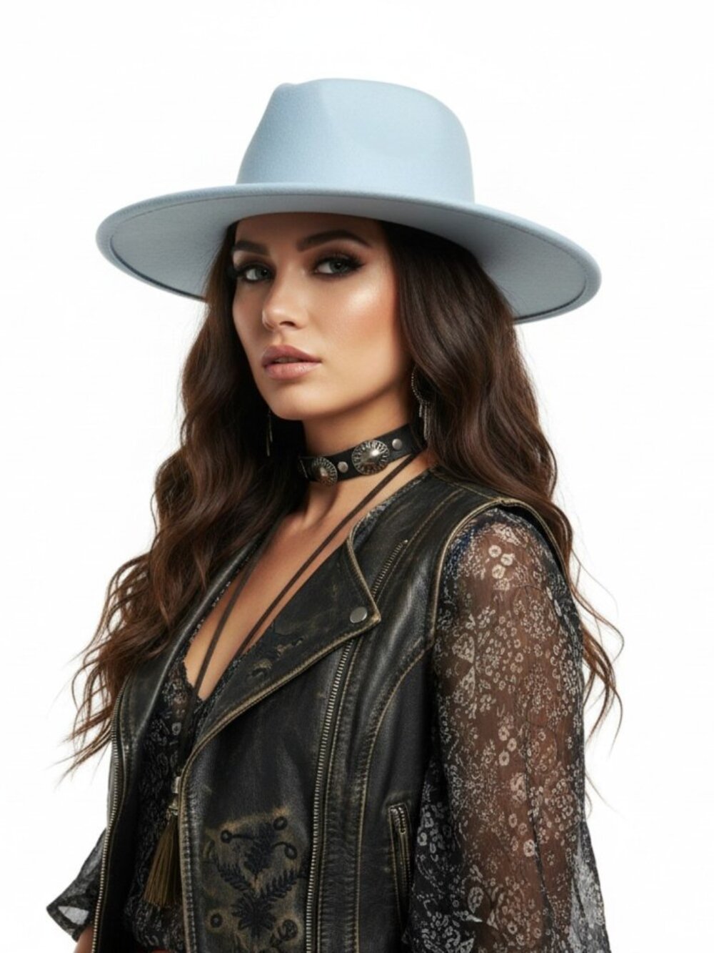 Light Blue Wide Brim Fedora Hat